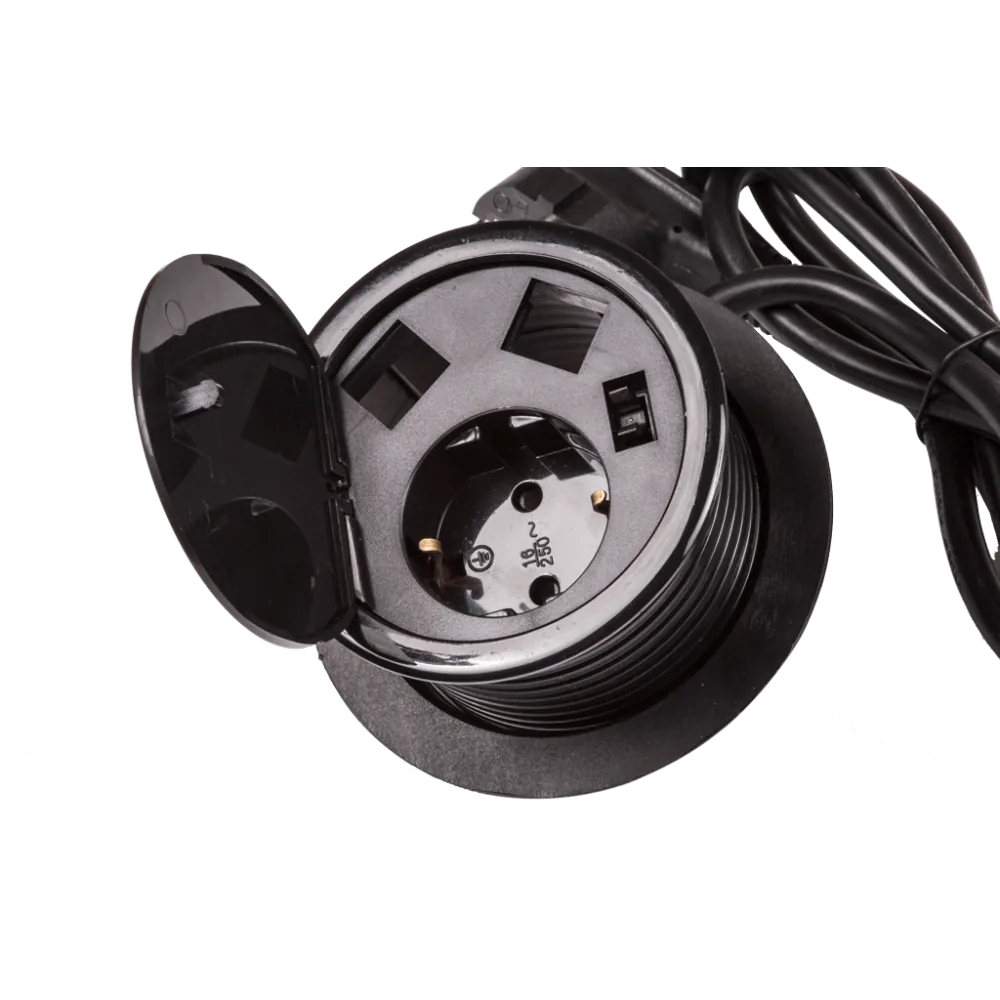Лючок в стол LANMASTER на два кейстоуна + одна розетка со шнуром 1.8 м, черный